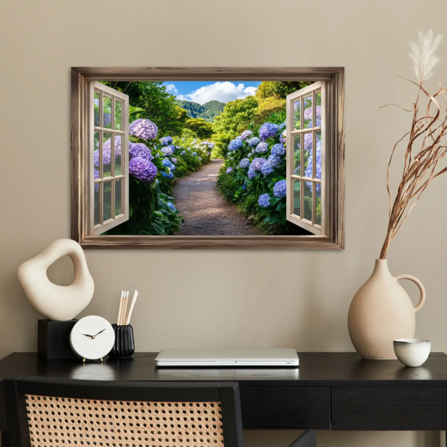 Poster – Doorkijk - Hortensia - Pad - Natuur