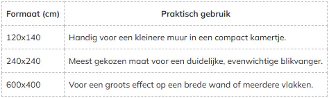 Tabel met formaten en advies