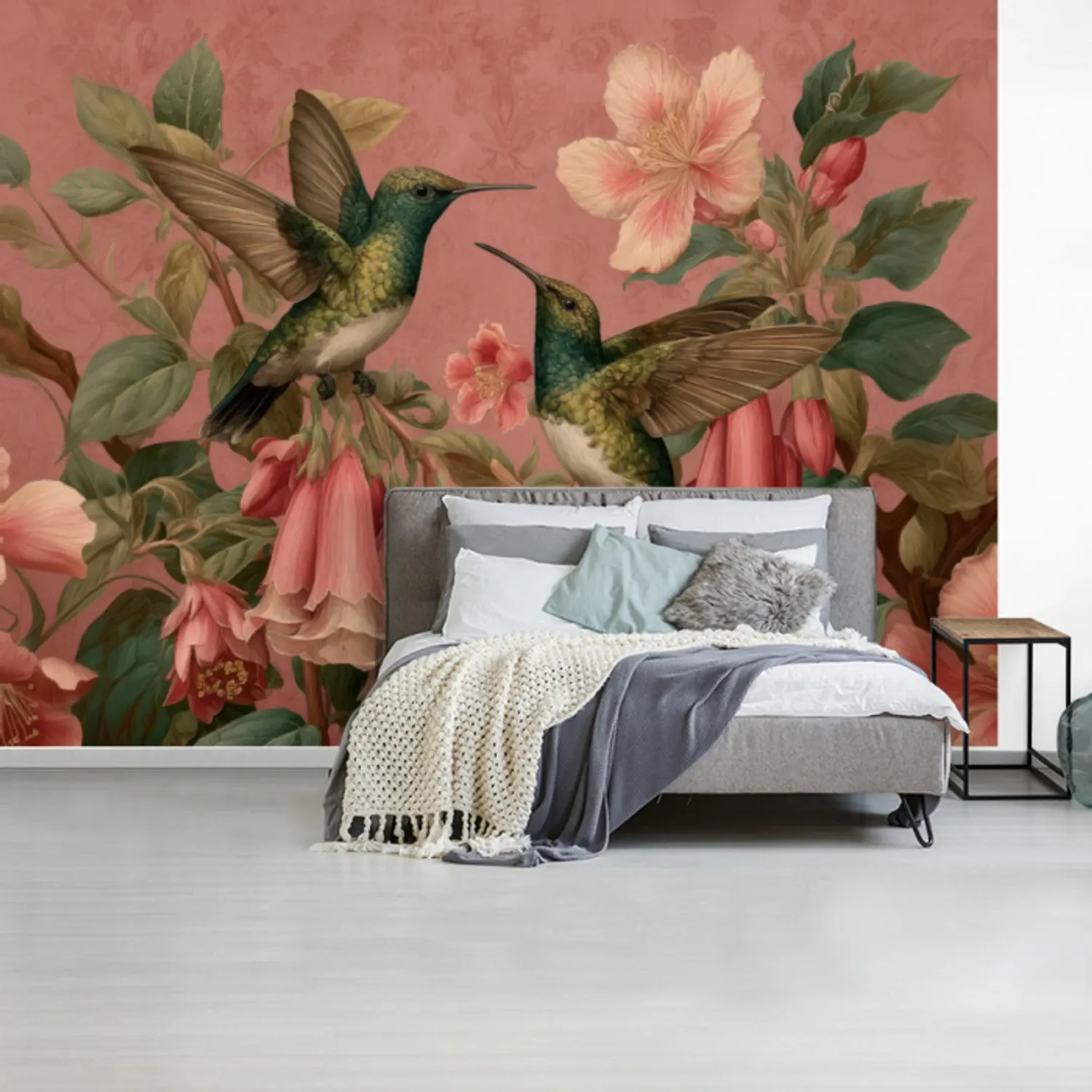 Behang - Kolibries - Bloemen - Groen - Roze