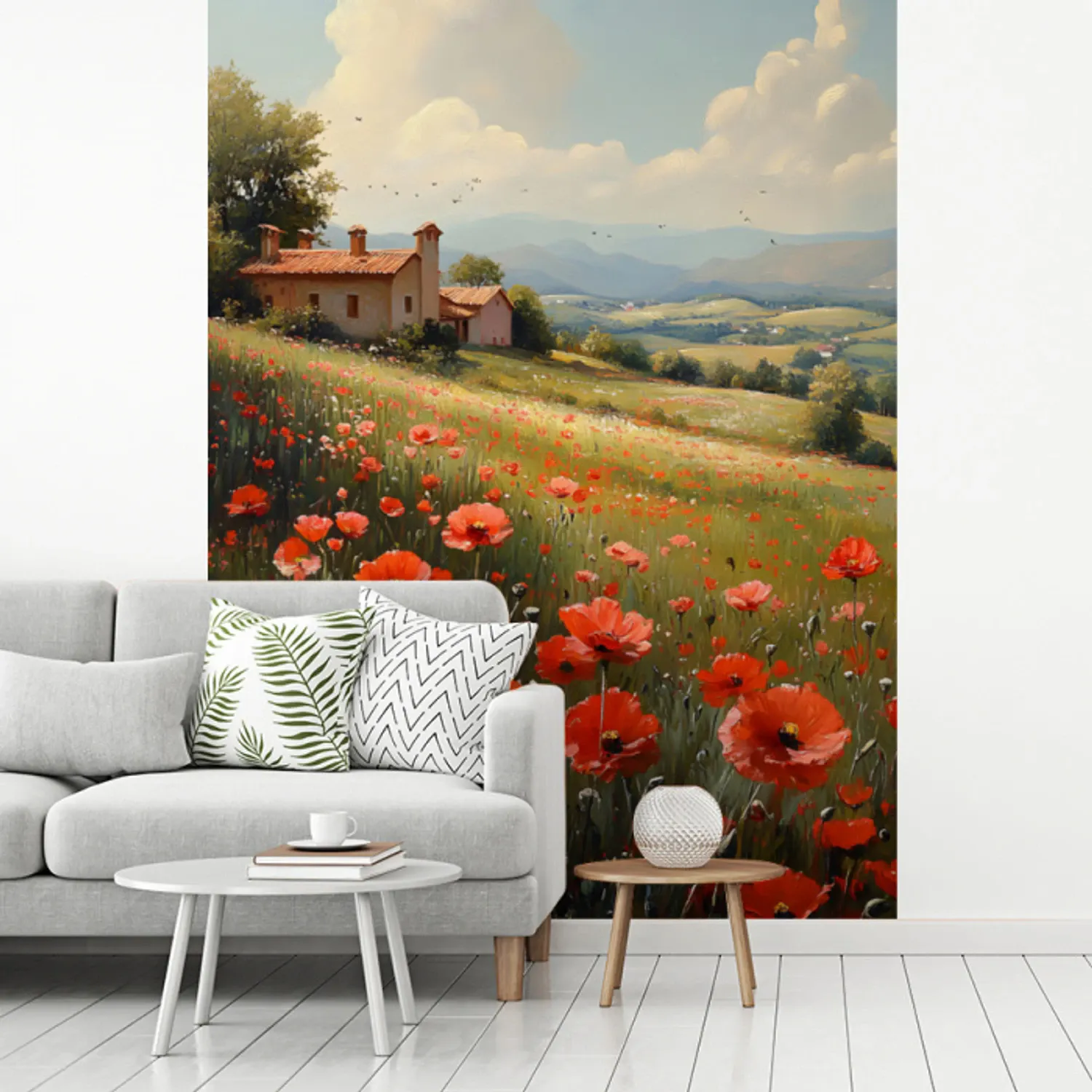 Behang - Klaprozen - Rood - Heuvels - Landschap