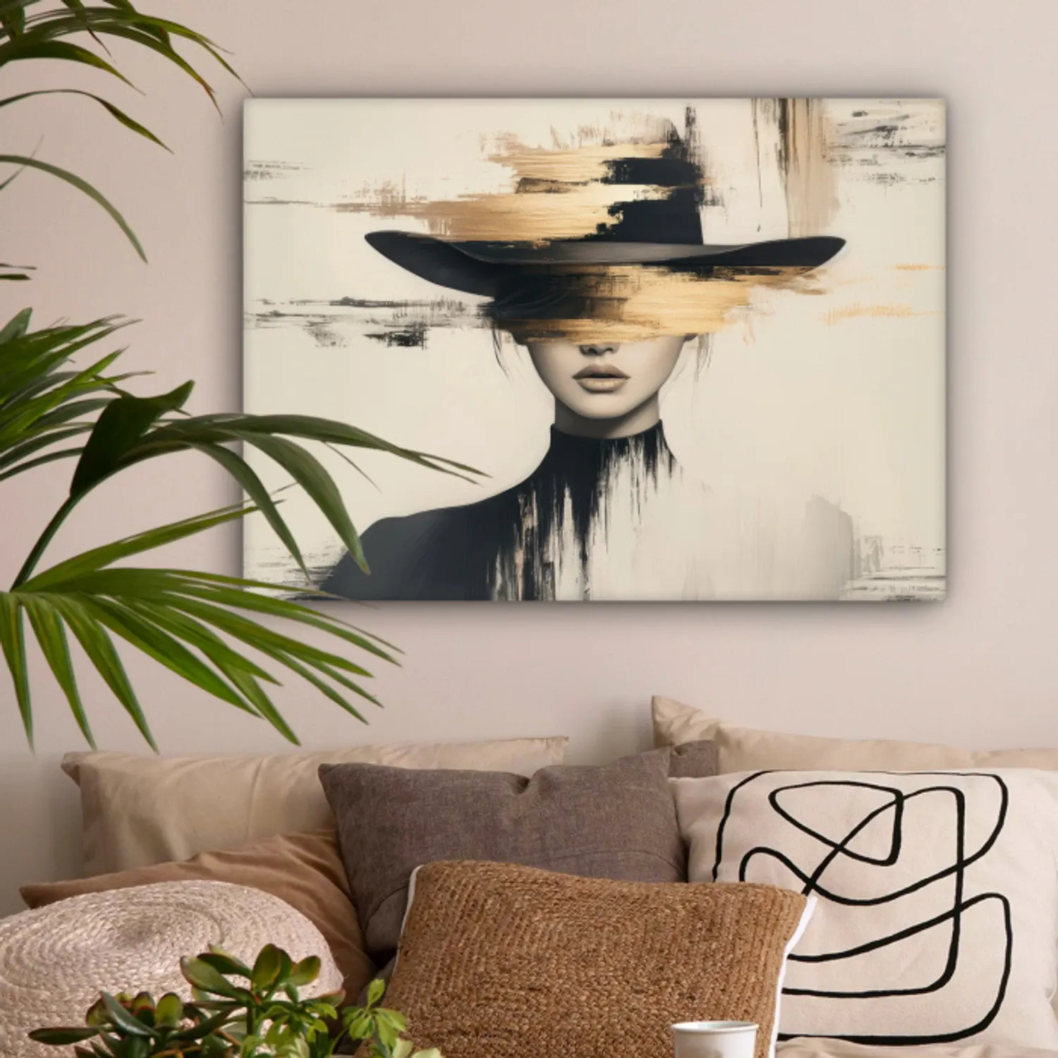 Canvas schilderij - Vrouw - Hoed - Verf
