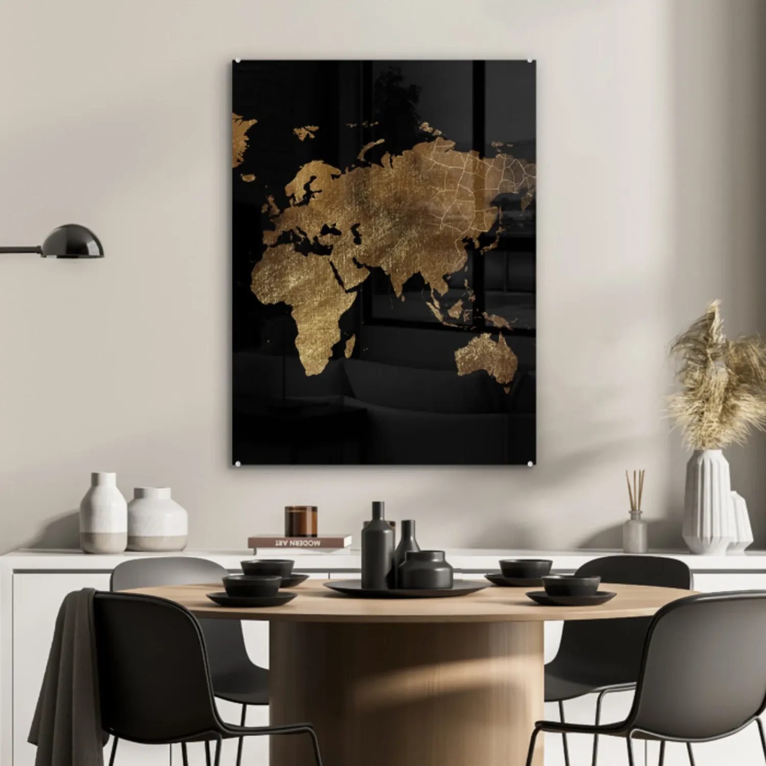 Glas schilderij - Wereldkaart - Goud - Luxe - Aarde - Zwart