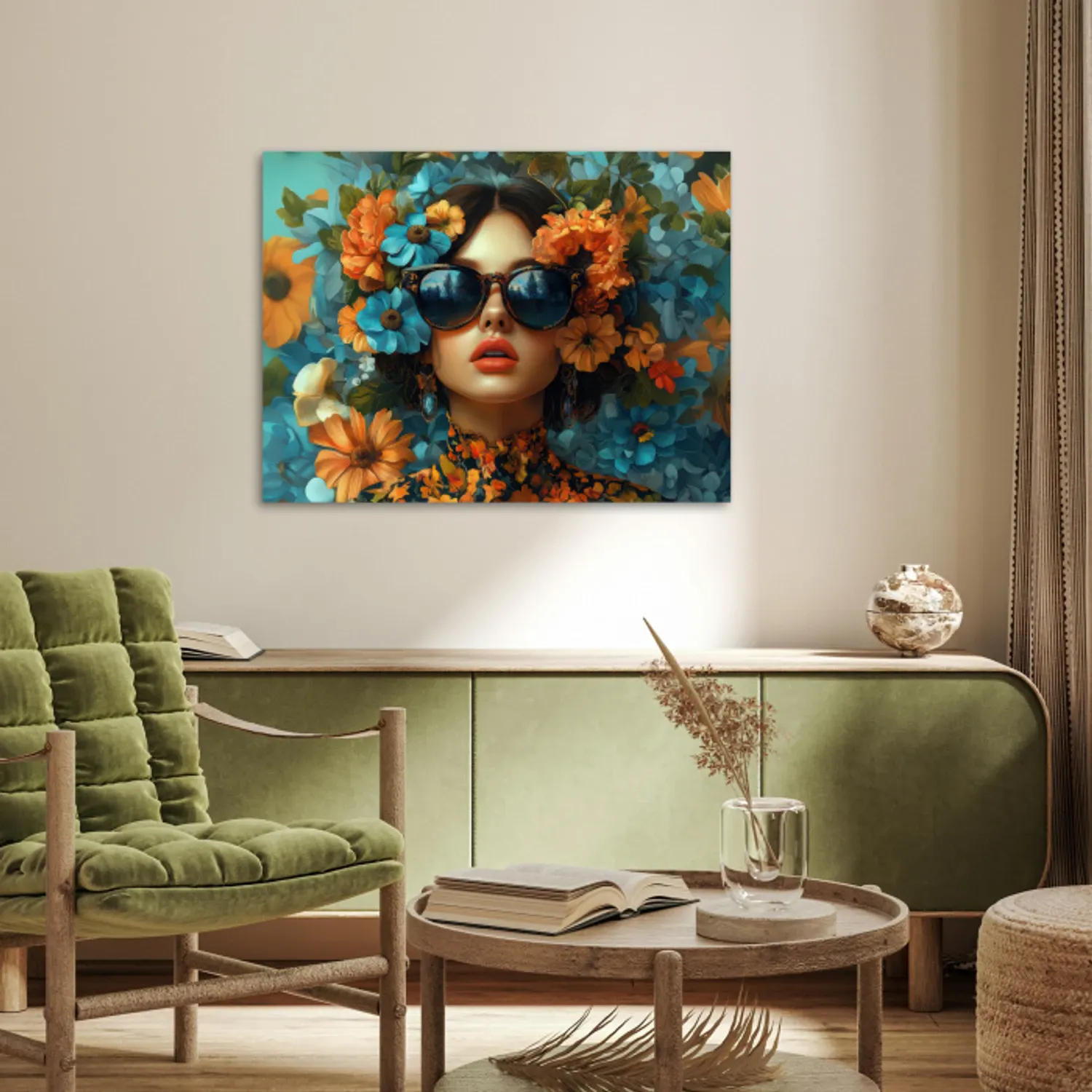 Poster – Vrouw - Bloemen - Oranje - Blauw - Modern