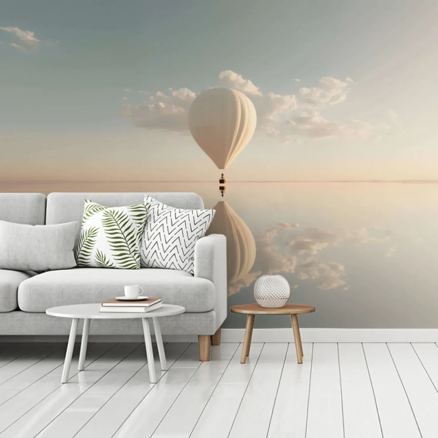Behang - Luchtballon - Wolken - Water - Blauw