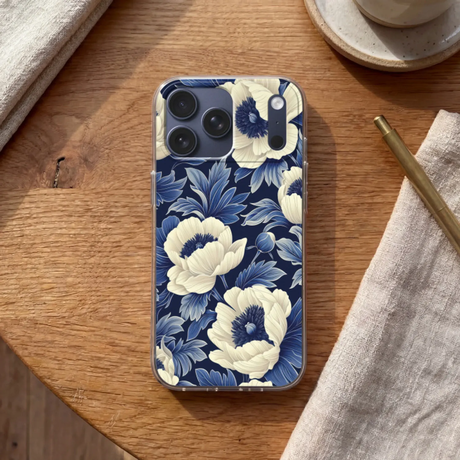 Telefoonhoesje Softcase - Bloemen - Patroon - Blauw - Wit