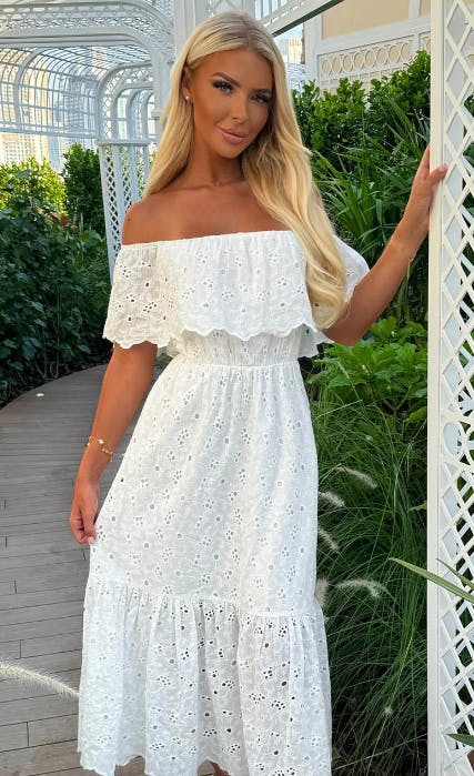 Summer Affair White Bardot Broderie Anglaise Maxi Dress from pink boutique uk