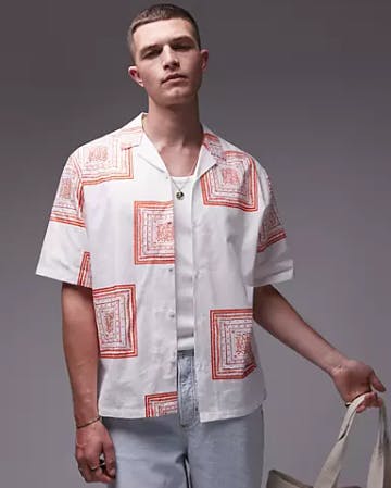 Topman mens short sleeve revere printed shirt in white