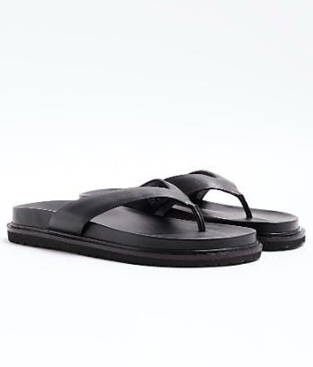 river island mens Black Leather Flip Flop Sandals