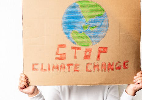 Kuvassa ihminen pitää kädessään pahvista kylttiä, jossa lukee Stop climate change.
