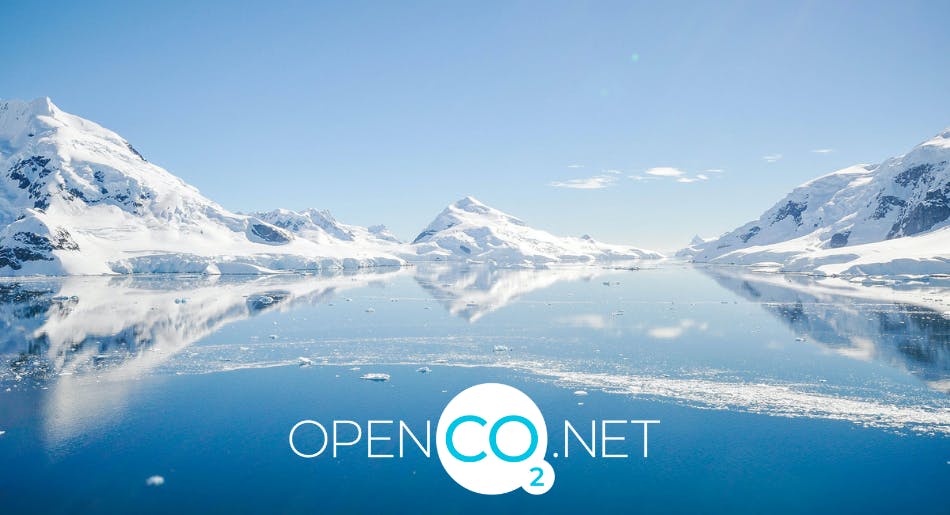 Kuvassa jäätiköitä sekä OpenCO2.net logo.