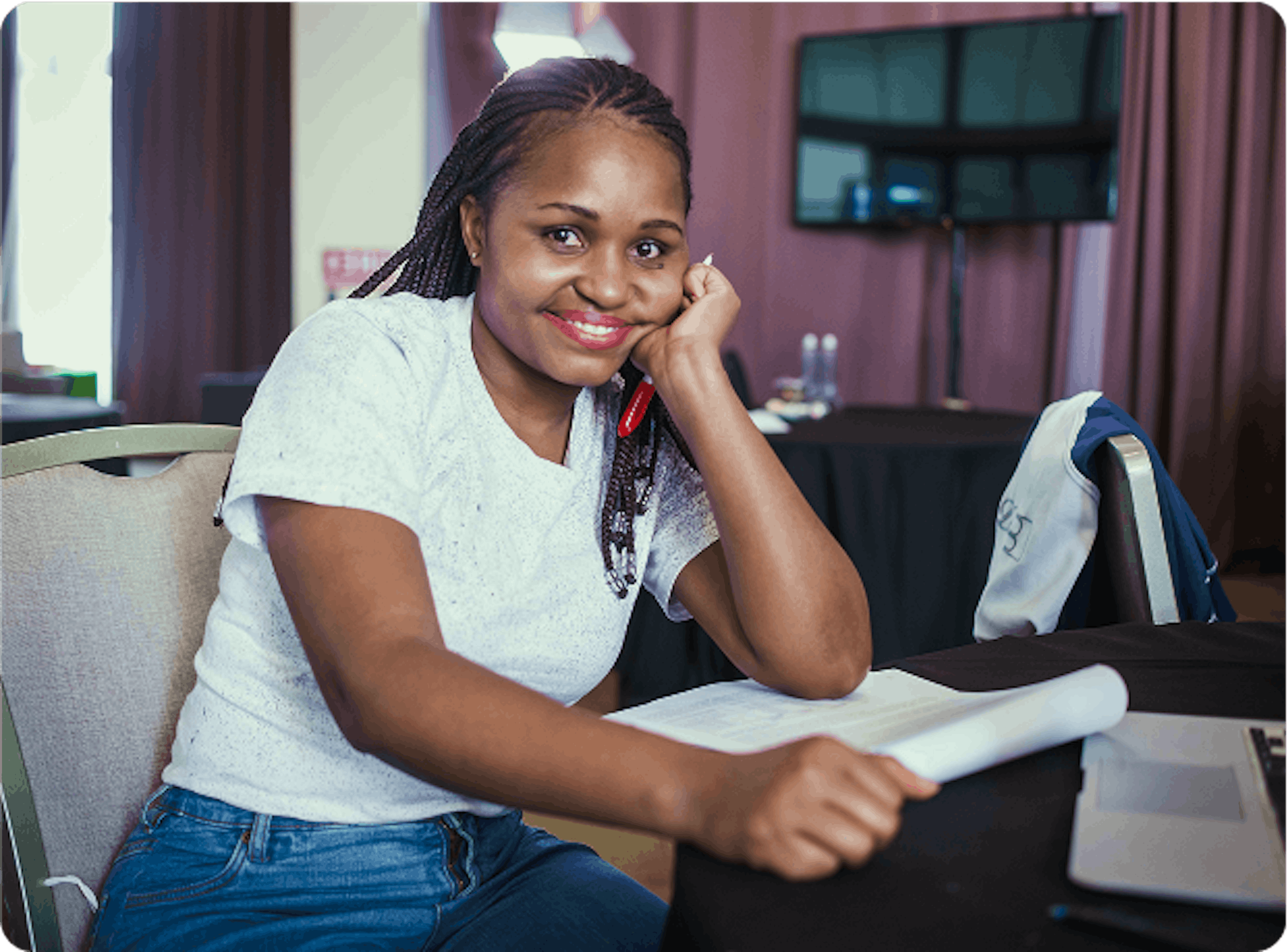 A woman smiling