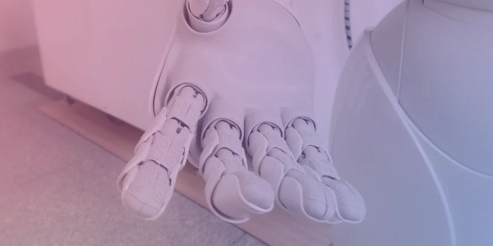 A white robotic hand with articulated fingers against light gradient background