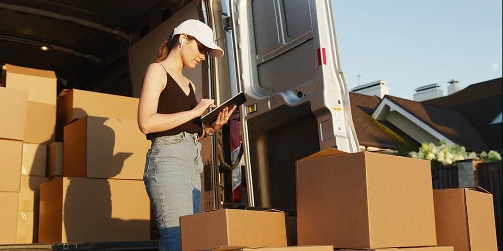 Woman using a tablet to manage inventory and logistics in front of a cargo car filled with boxes