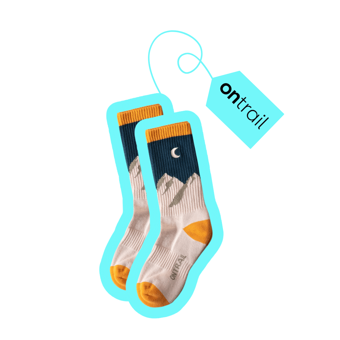 Ontrail mountain design socks with moon print and turquoise tag