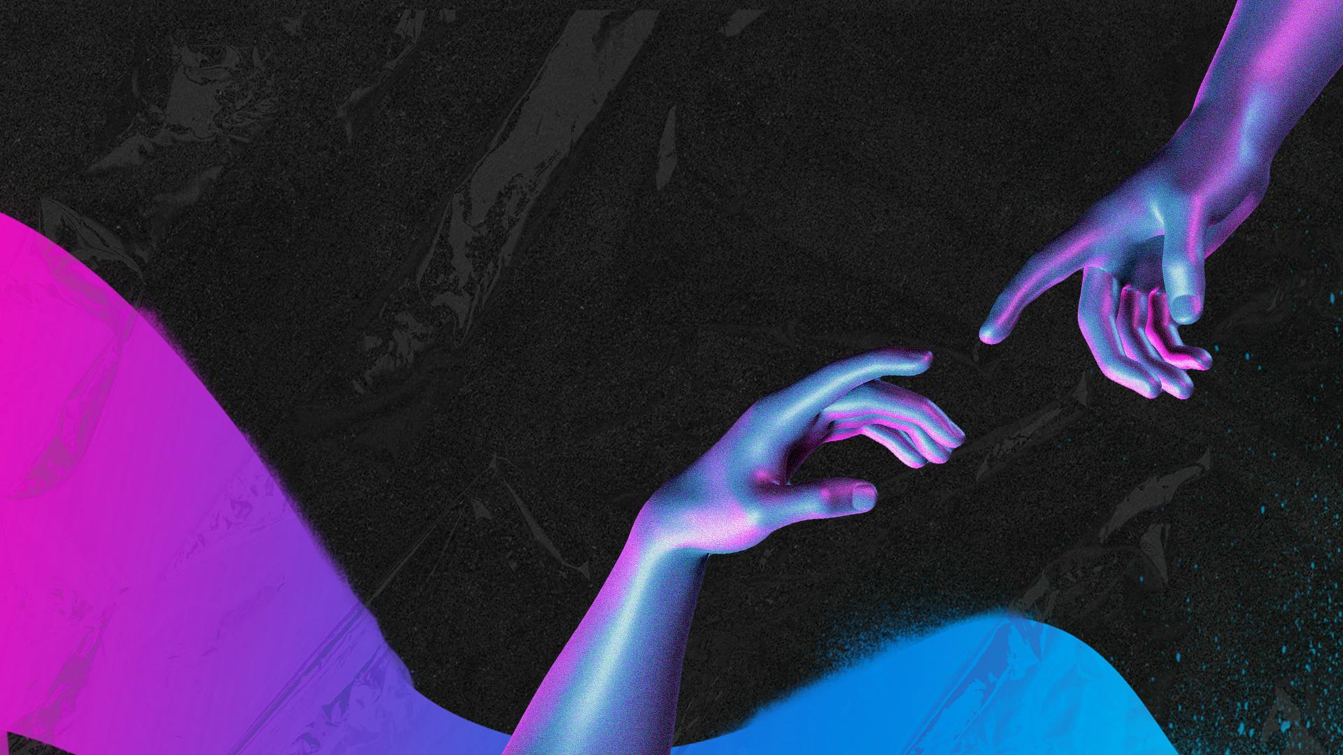 two hands vector reaching each other with a black background