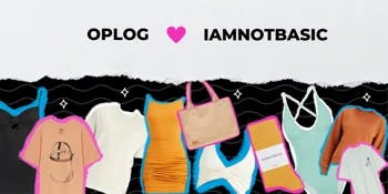OPLOG and Iamnotbasic collaboration banner with colorful stationery items design
