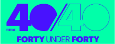 Forty Under Forty logo with purple text on turquoise background