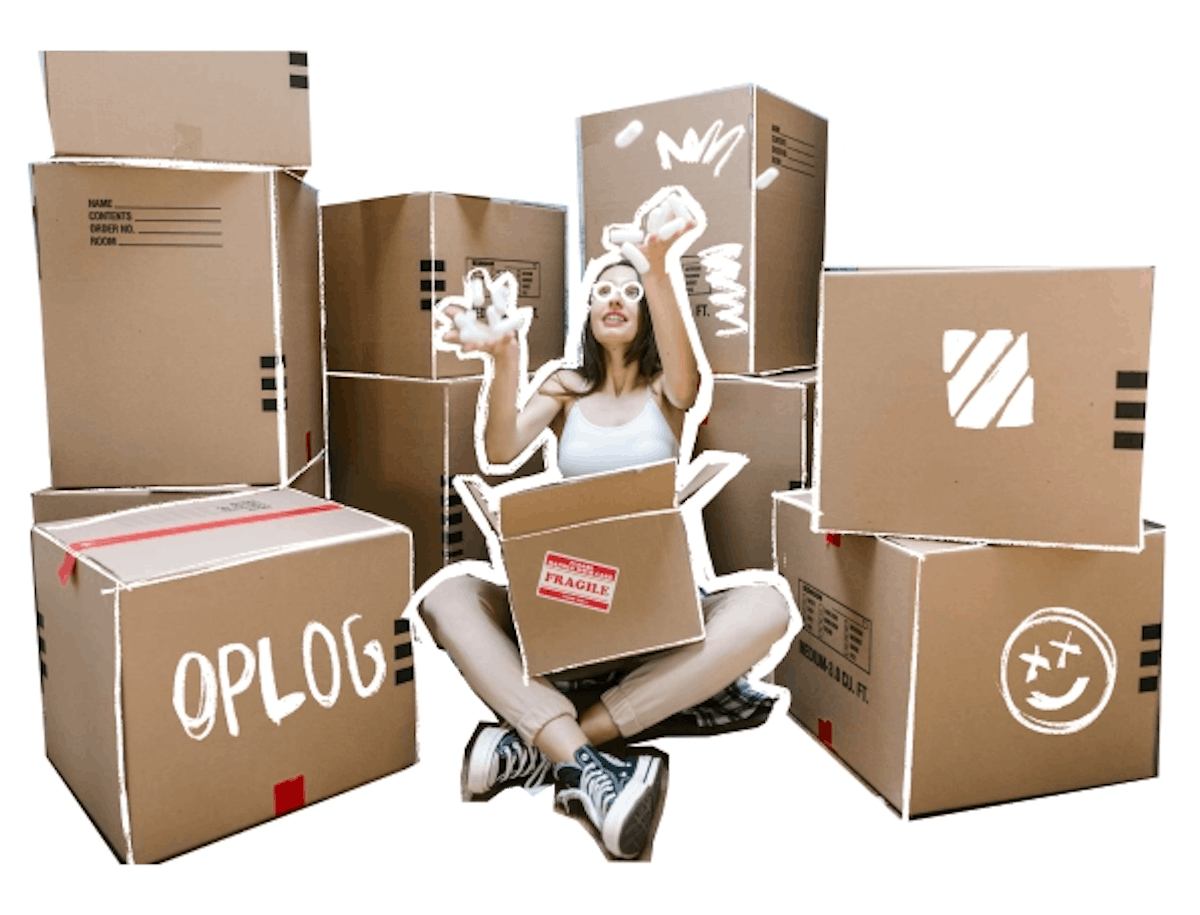 Joyful woman surrounded by boxes, enthusiastically tossing protective products for packaging.