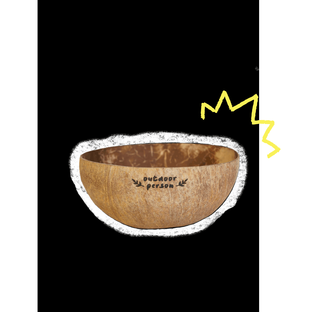 Coconut bowl with outdoor person text engraved on black background with yellow accent