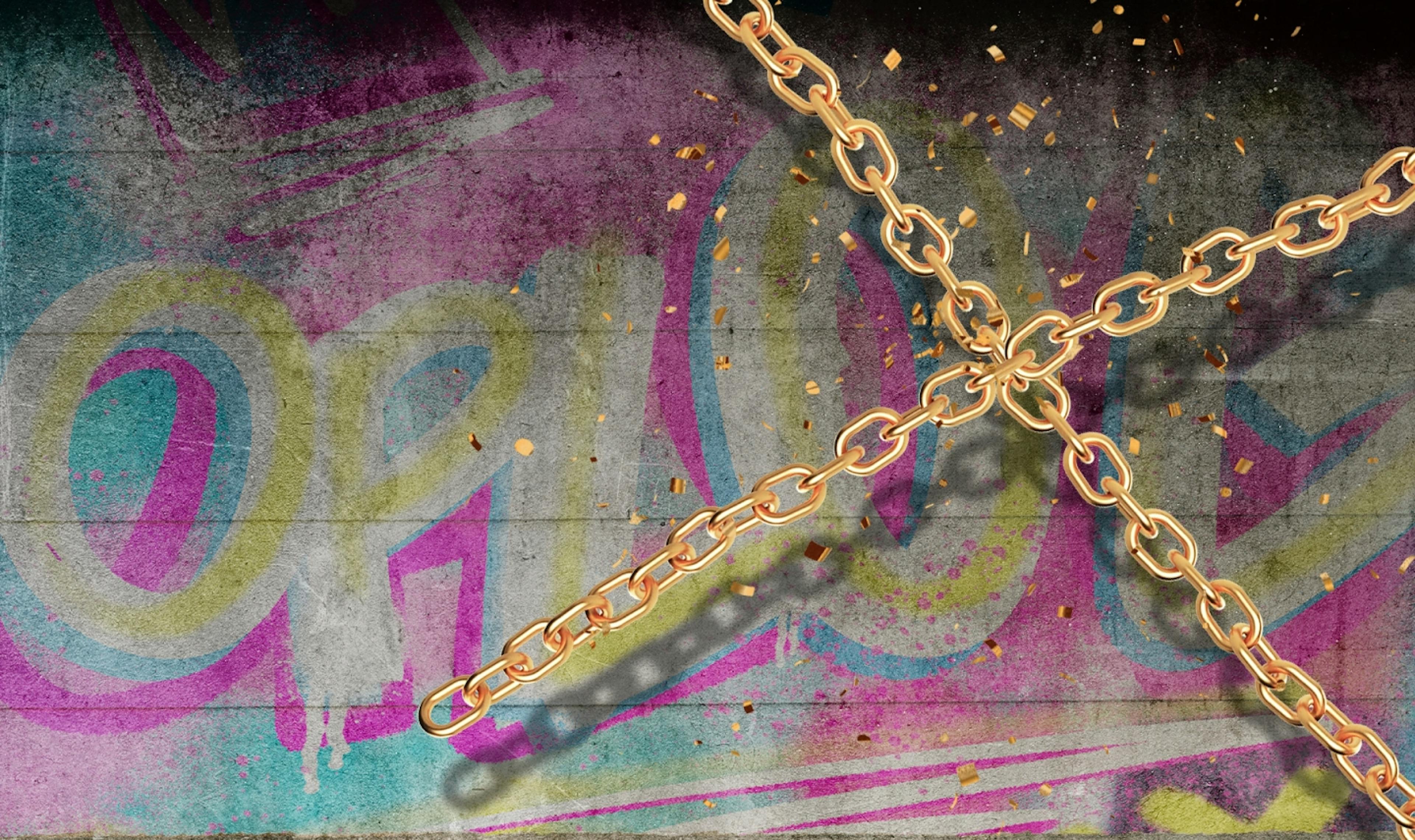 OPLOG golden chains over colorful graffiti background