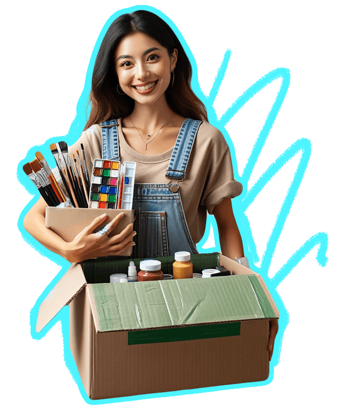 boya malzemeleriyle dolu kutular tutan kadın