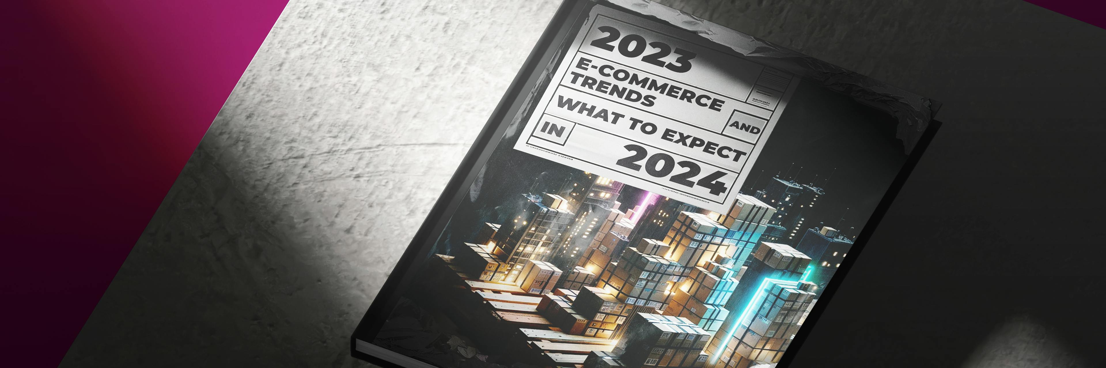 2024 E-commerce trends book cover with futuristic cityscape design