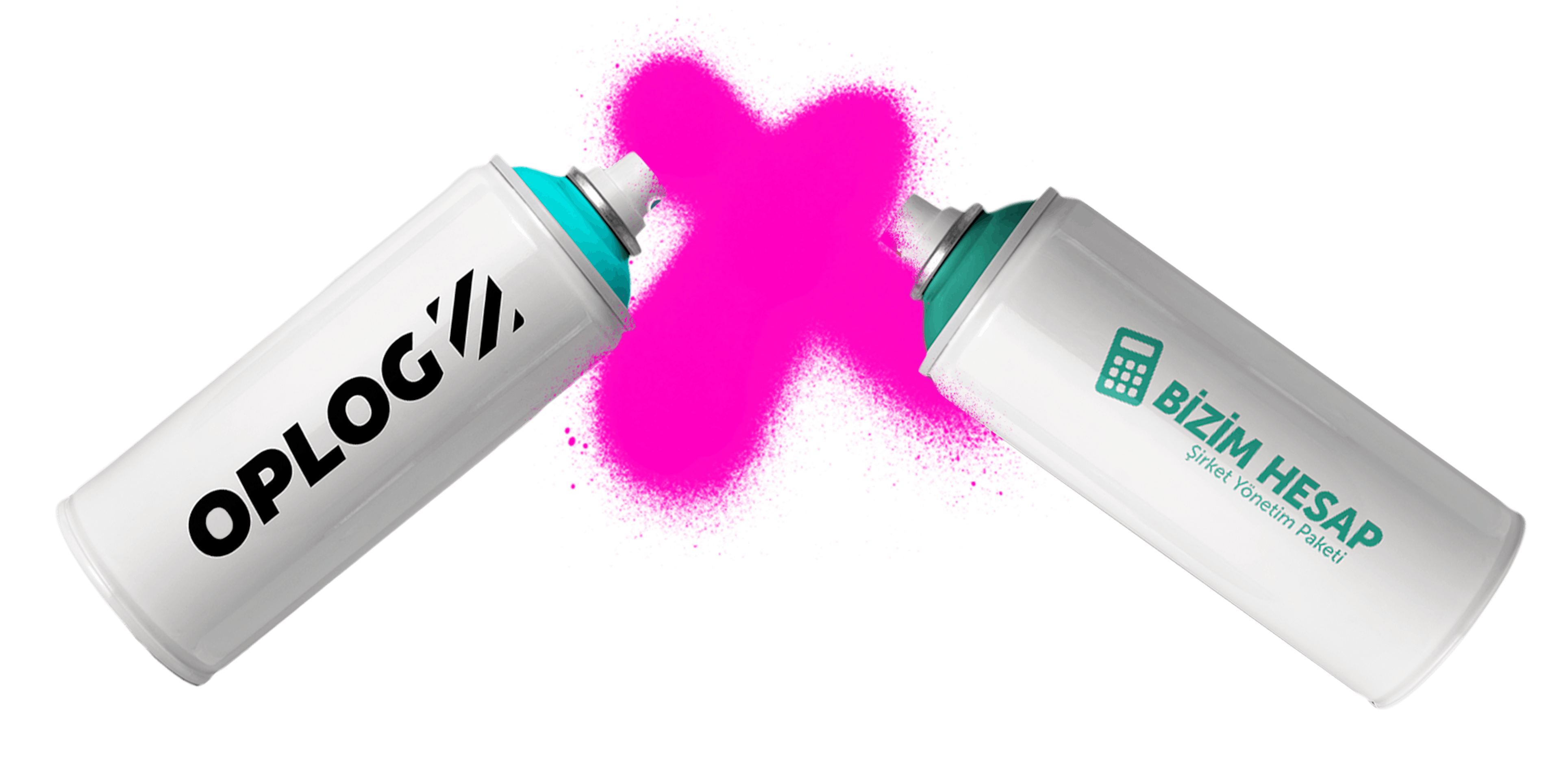 Spray bottles image with OPLOG logo on one side and Bizim Hesap logo on the other side.