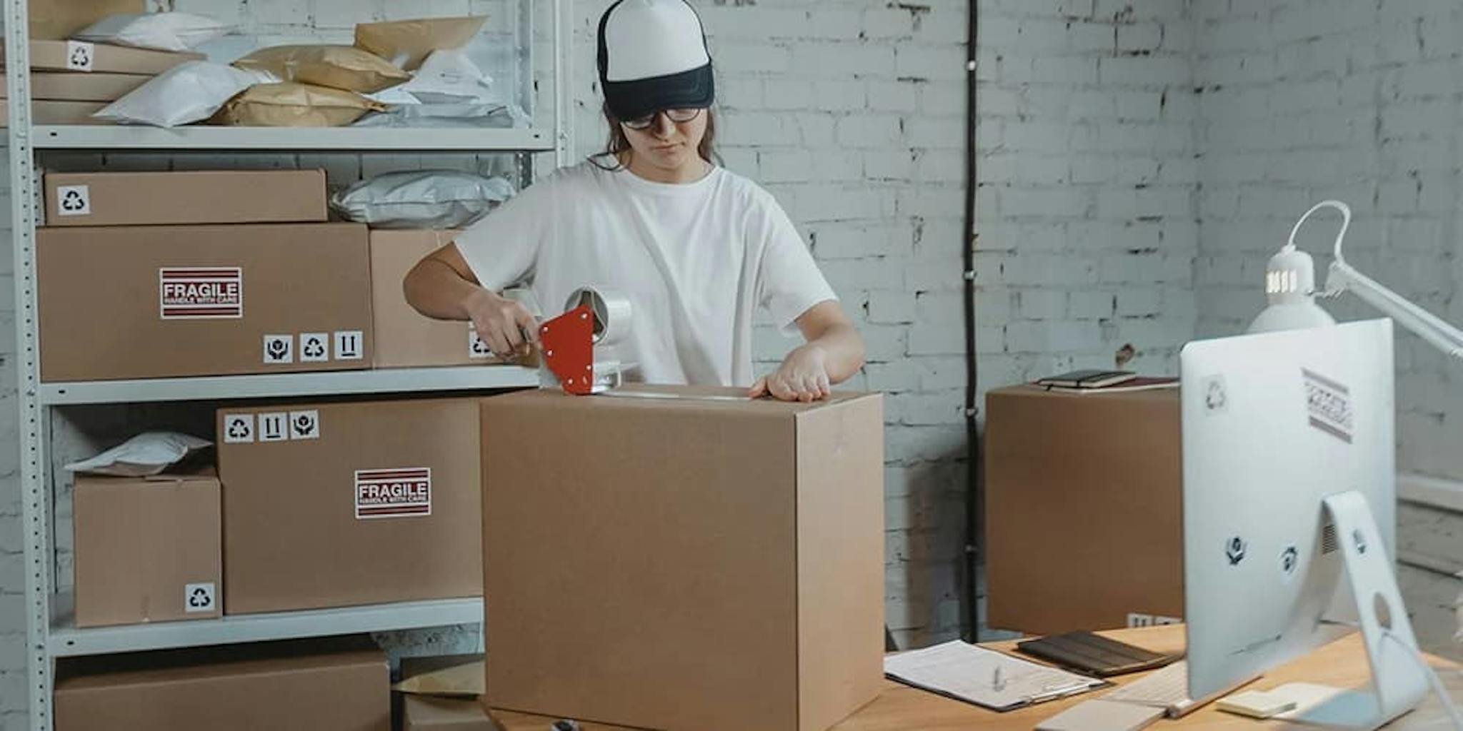 A woman carefully taping a package in a neatly organized warehouse.