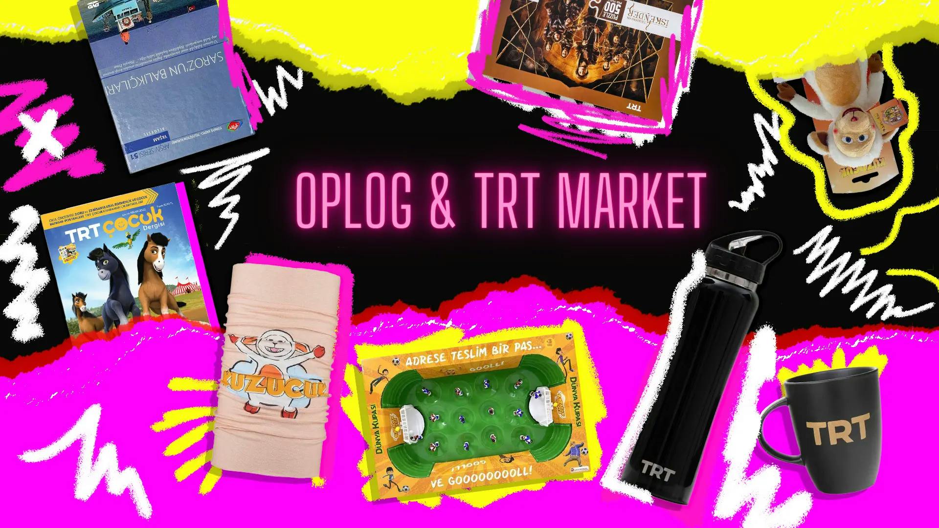OPLOG and TRT Market collaboration banner with colorful stationery items design