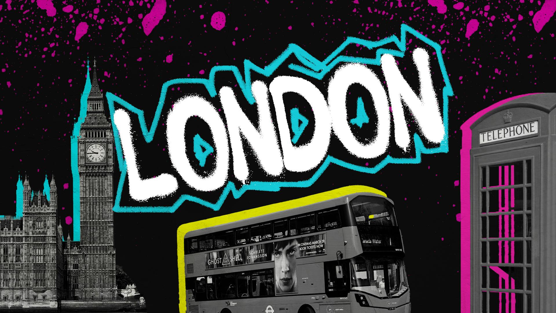 London illustration with Big Ben, double-decker bus and phone booth in neon style