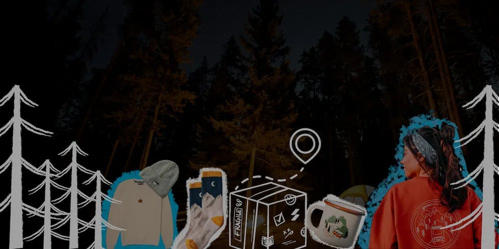 Illustrated winter scene with product collage including sweater, phone, shipping box and coffee cup
