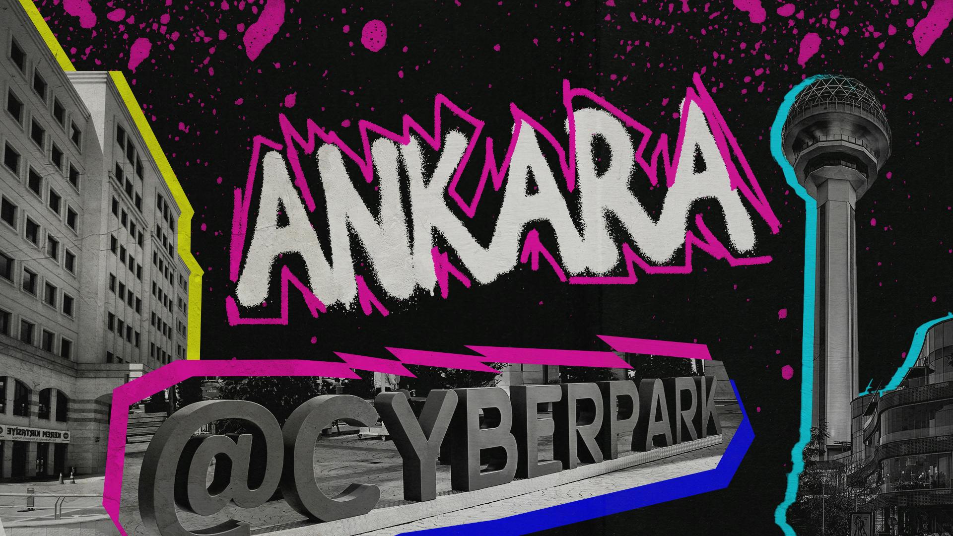Ankara Cyberpark sign with neon colored design elements and tower