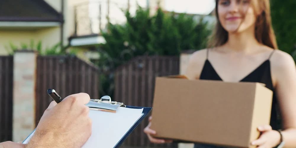 Woman delivering a box package to the customer and patiently waiting for the customer to sign a document