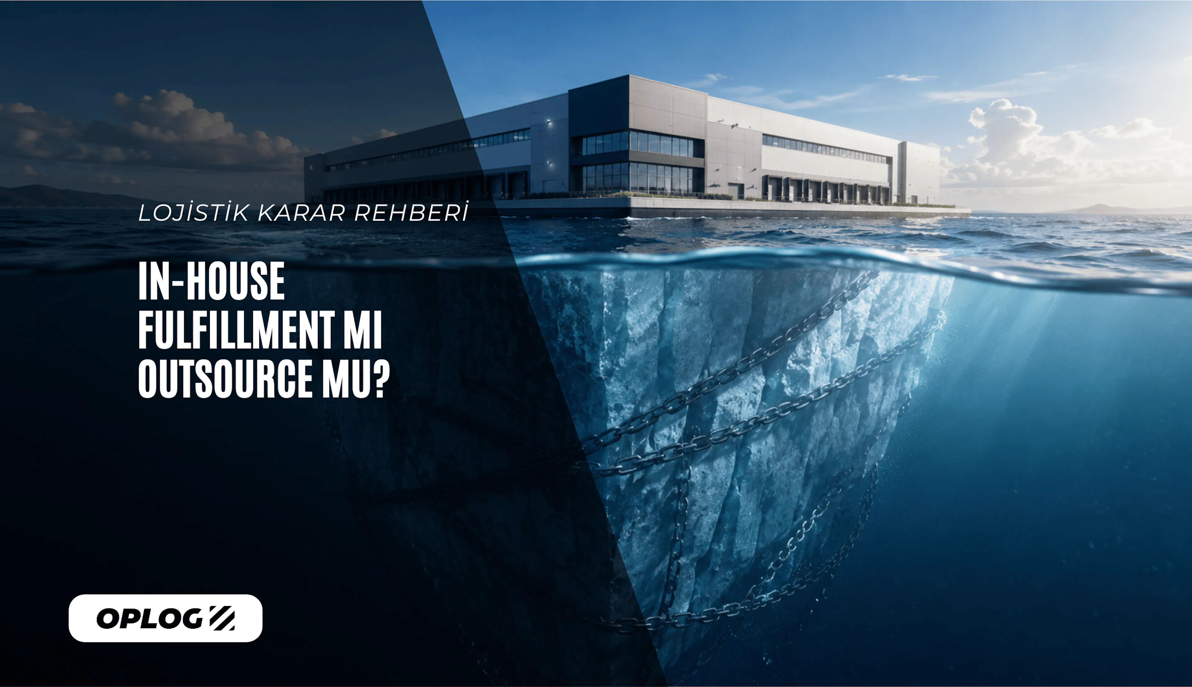 Su yüzeyinin üzerinde çok katlı ve görkemli bir in-house şirket depo binası yer alırken, suyun altında o binanın kalın demir zincirlerle aşağıya bağlandığı, şirketin farkında olmadığı gizli operasyonel maliyetleri, atıl kapasite risklerini ve tazminatları simgeleyen devasa, karanlık bir buzdağı kütlesinin iki yönlü kesit görünümü.