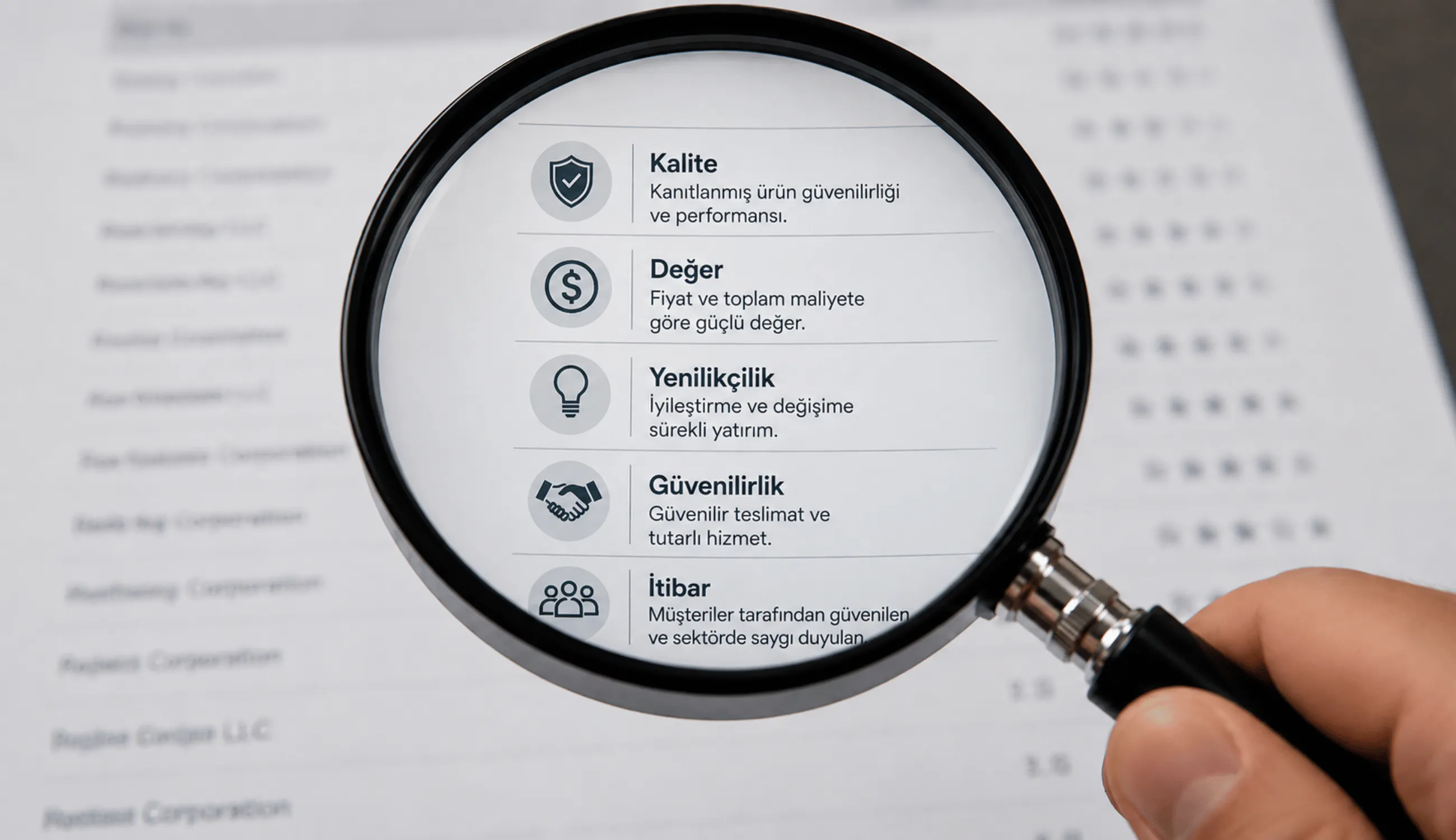Firma isimlerini silikleştirip yerine beş değerlendirme kriterini netleştiren bir büyüteç, lojistik firması seçiminde neye bakılması gerektiğini simgeliyor