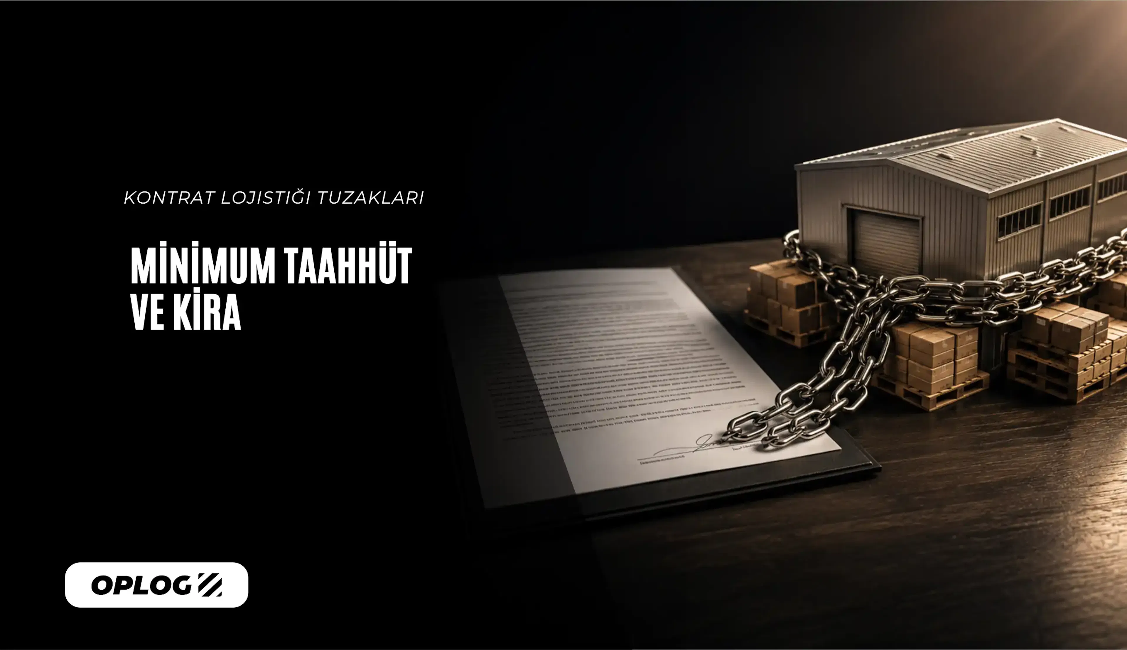 Sağ tarafta düzgün görünen bir kontrat belgesinden çıkıp bir depo ve paletleri saran zincirler, kontrat lojistiği sözleşmelerinin gizli bağlayıcılığını simgeliyor.