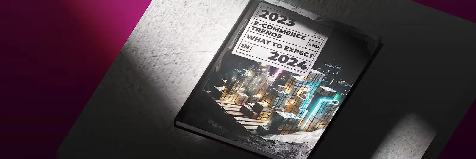 2024 E-commerce trends book cover with futuristic cityscape design