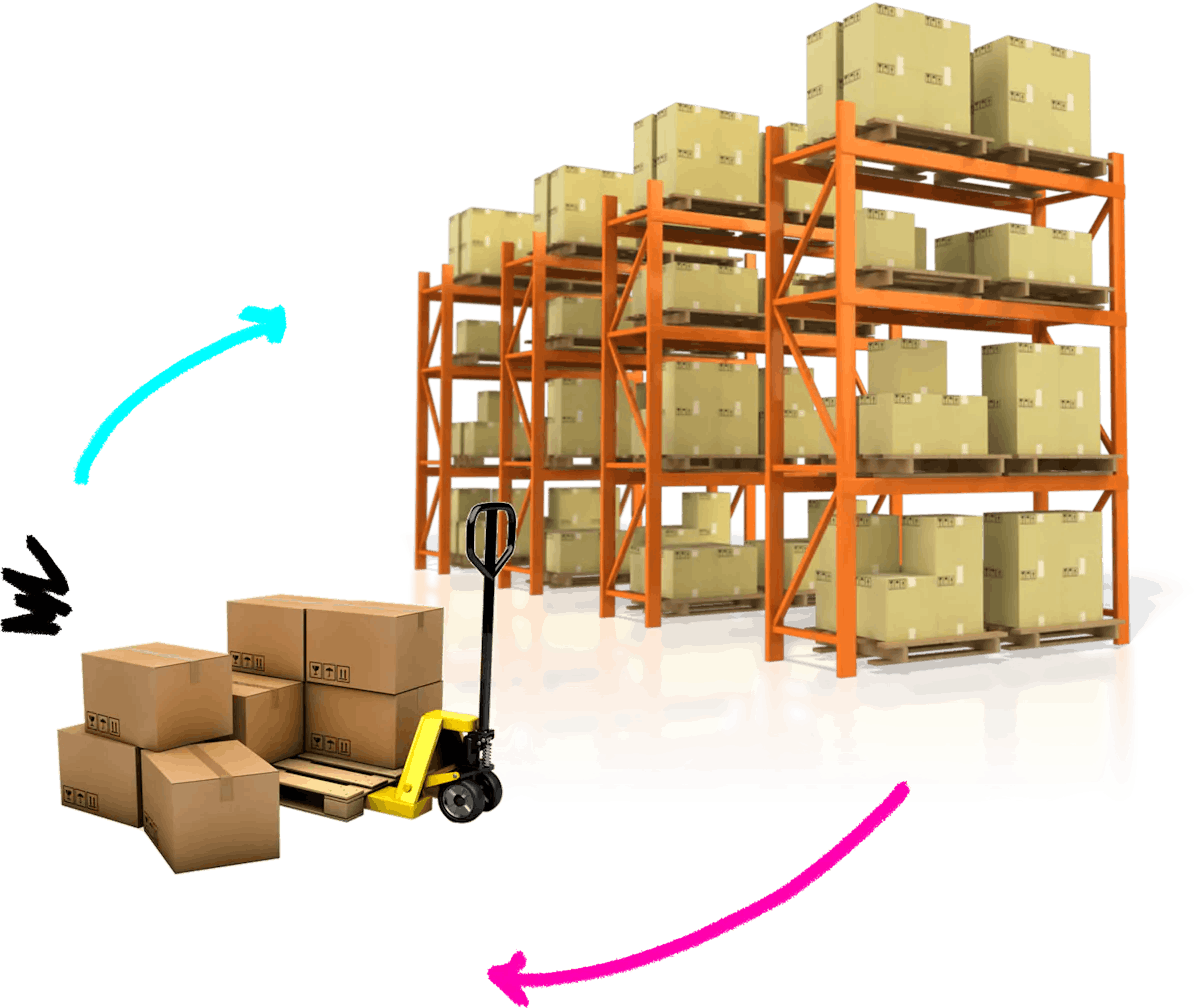 Warehouse logistics illustration with pallet jack and storage racks