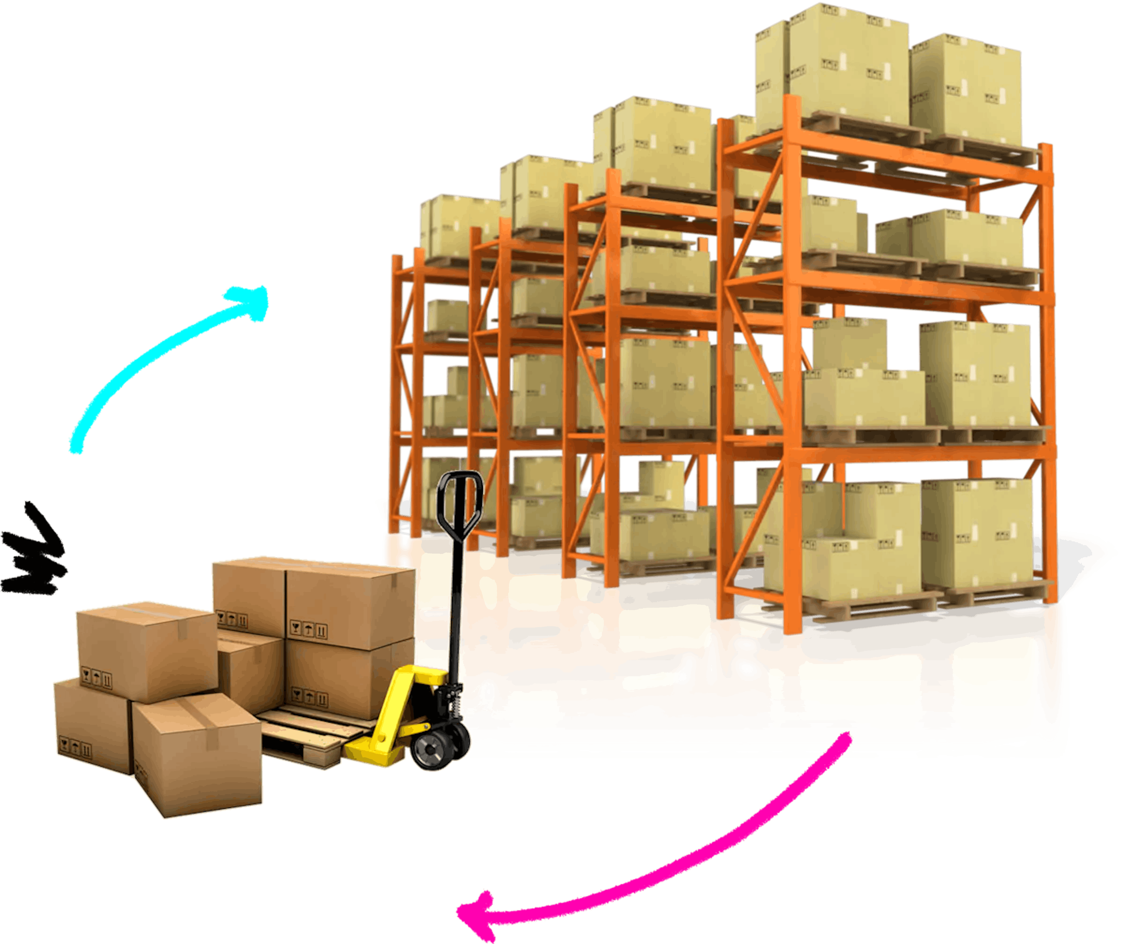 Warehouse logistics illustration with pallet jack and storage racks