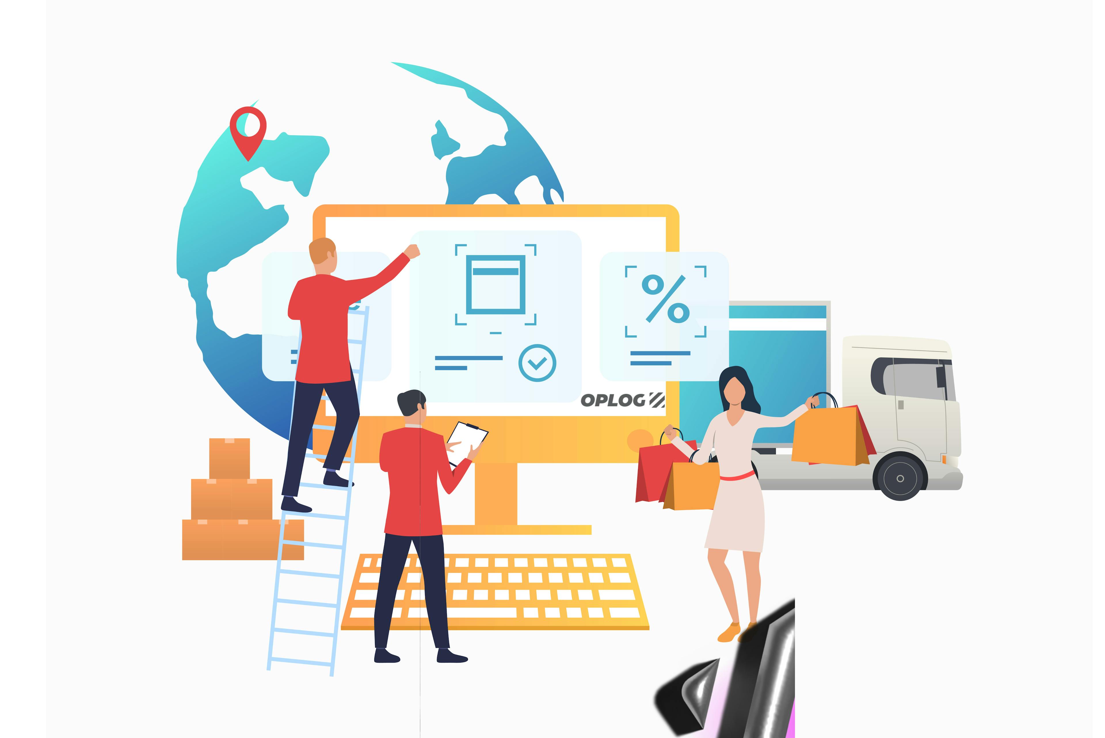 OPLOG illustration of global e-commerce operations with warehouse logistics and customer delivery