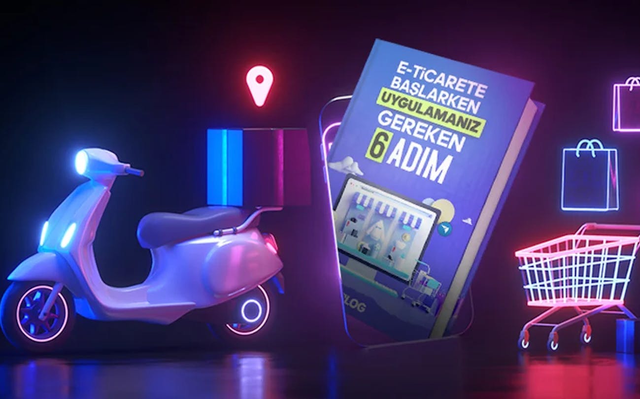 OPLOG e-commerce guide book with 3D elements including scooter, shopping cart and neon icons