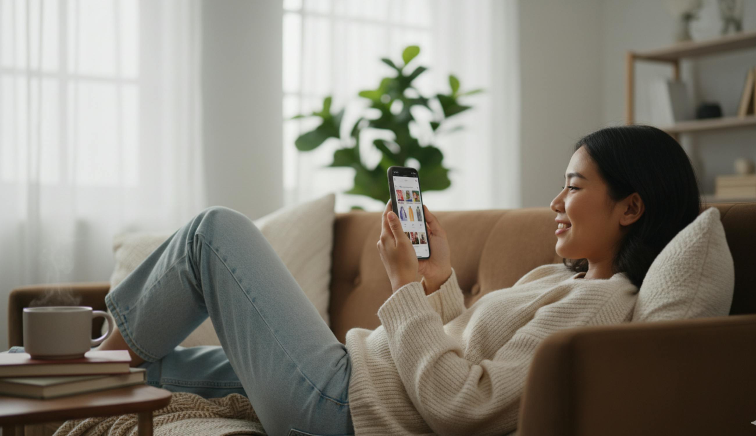 Bir kadın uzanmış telefonundan alışveriş yapıyor, sipariş veriyor.