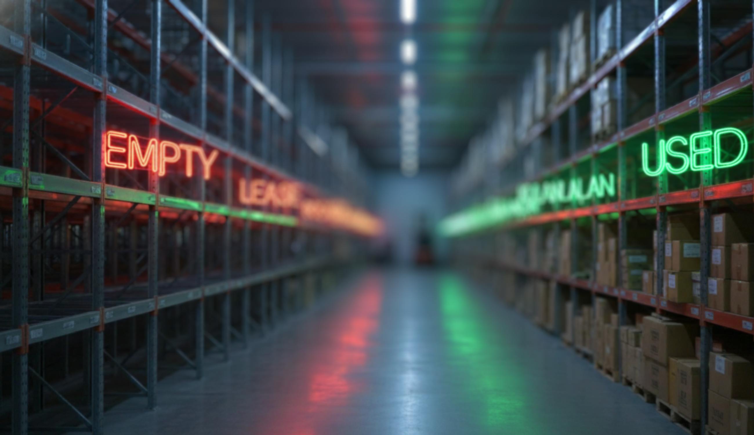 A warehouse which has an empty shelves and full shelves