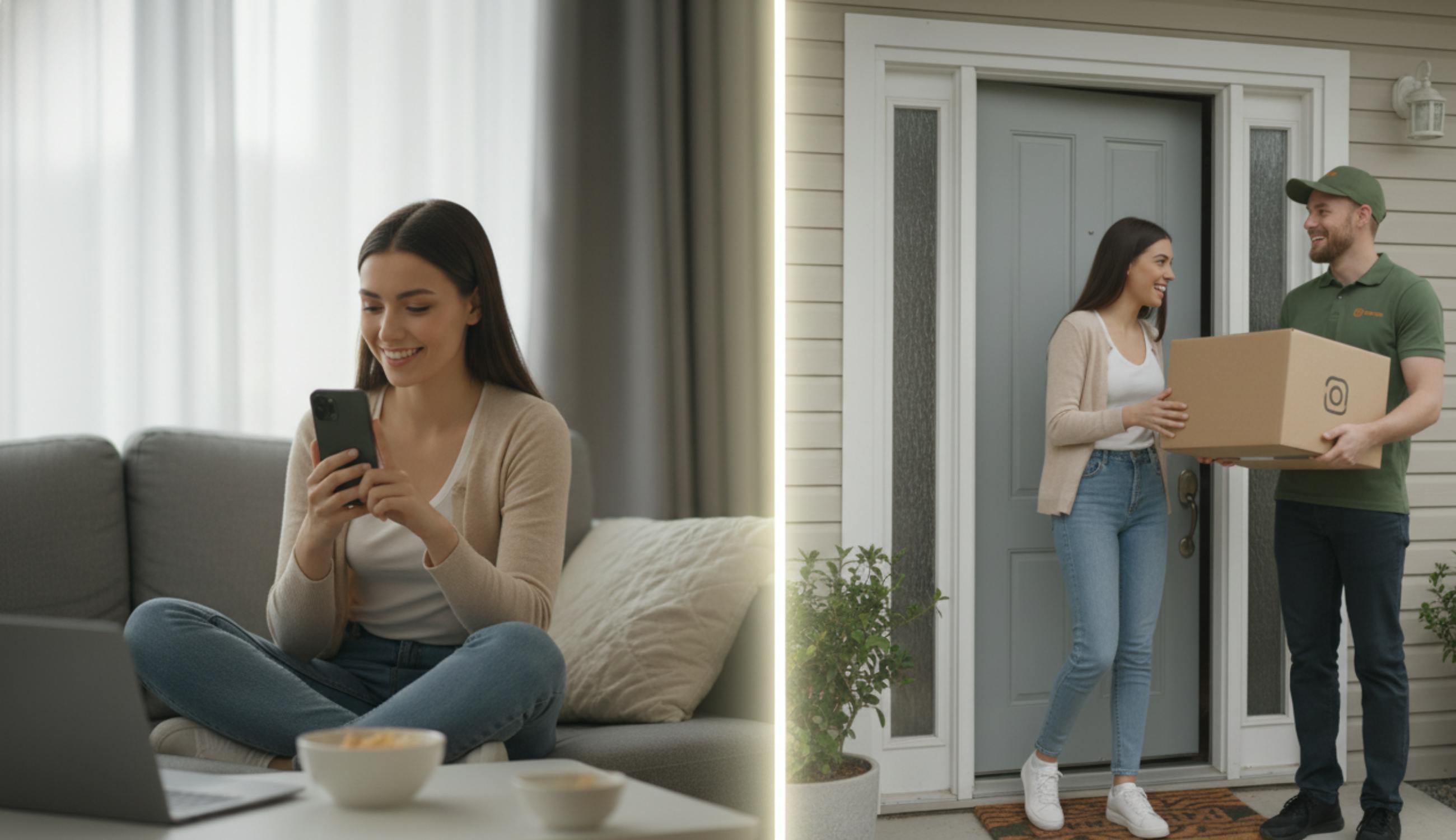 Sipariş veren bir kadın fulfillment deposundan kargo ile gelen ürünün teslim alıyor. 