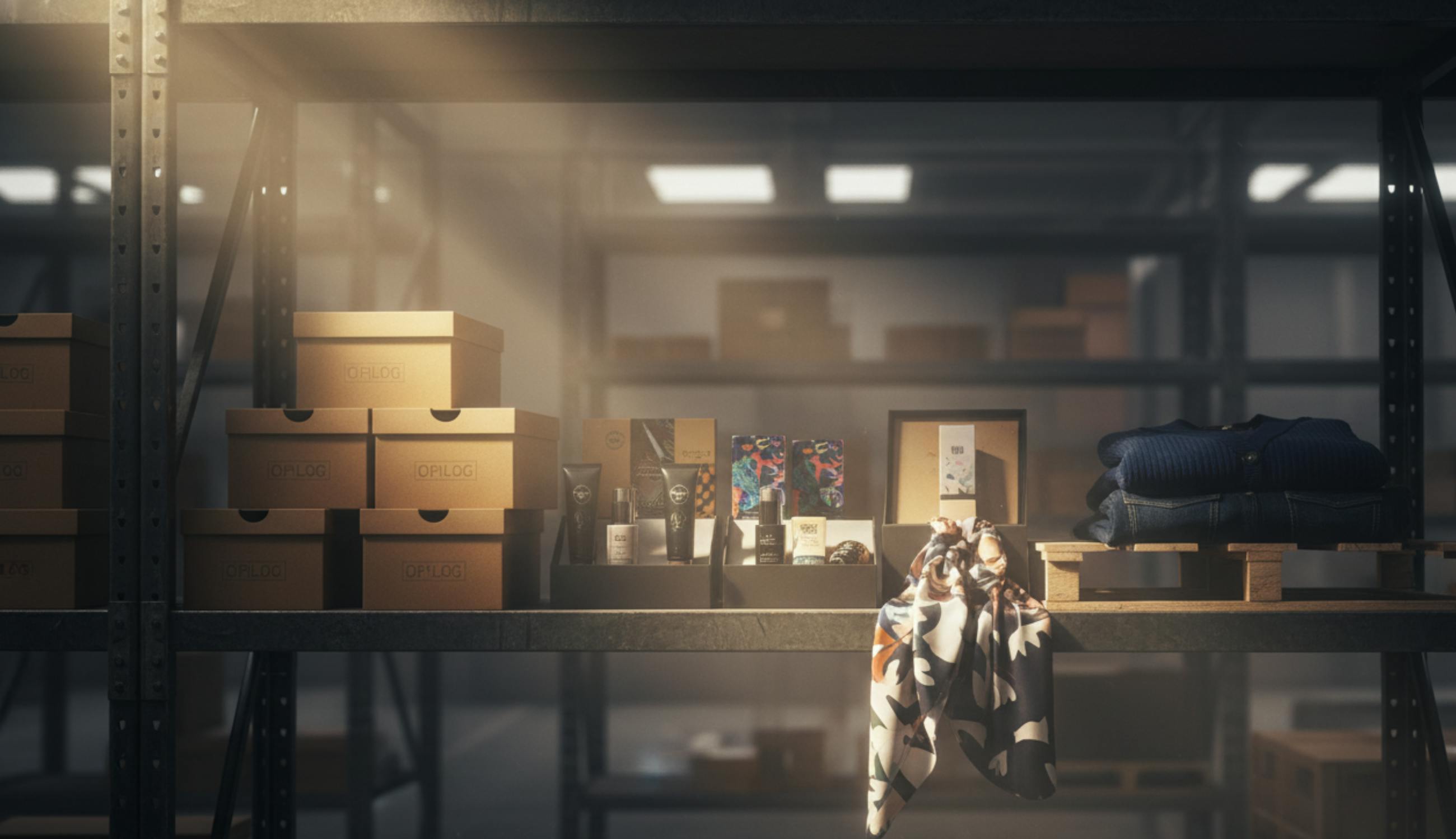 Bir fulfillment deposunun rafında bulunan kozmetik, ayakkabı, tekstil ürünleri