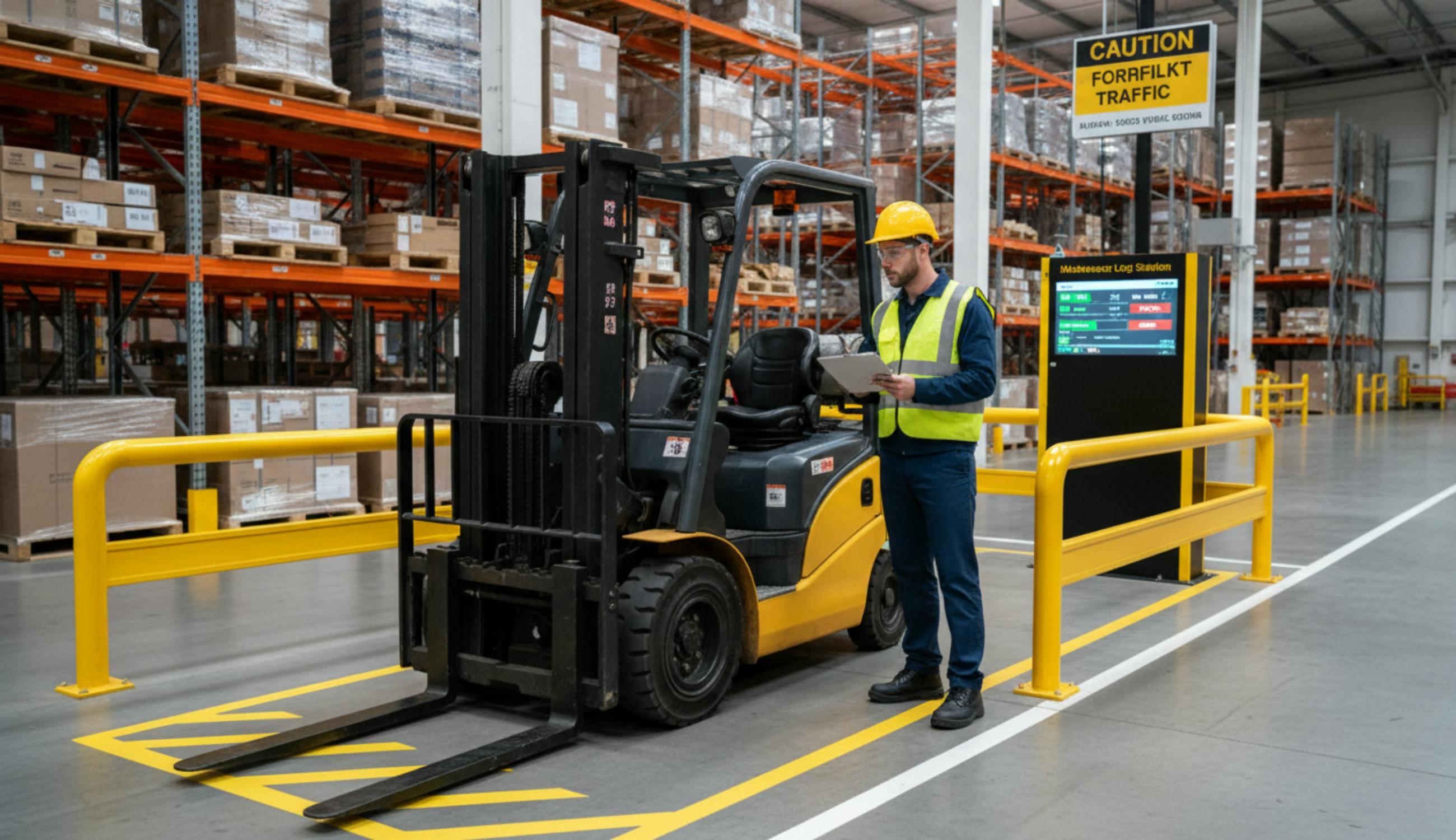 Forklift operator completing pre-shift safety inspection with maintenance checklist in warehouse with designated traffic zones and safety barriers