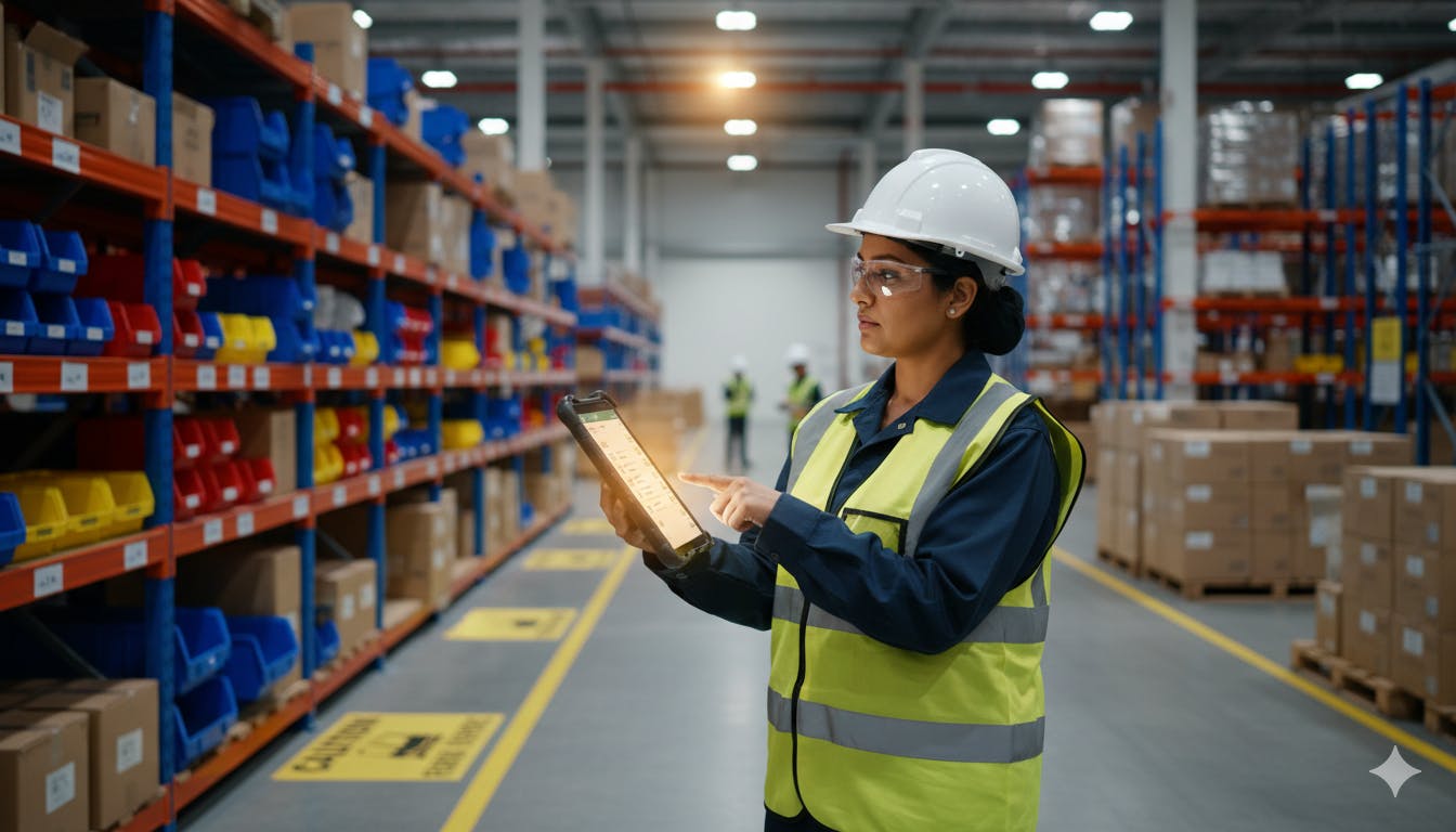 Warehouse manager conducting safety audit with digital tablet, inspecting hazard zones and documenting risks in organized storage facility