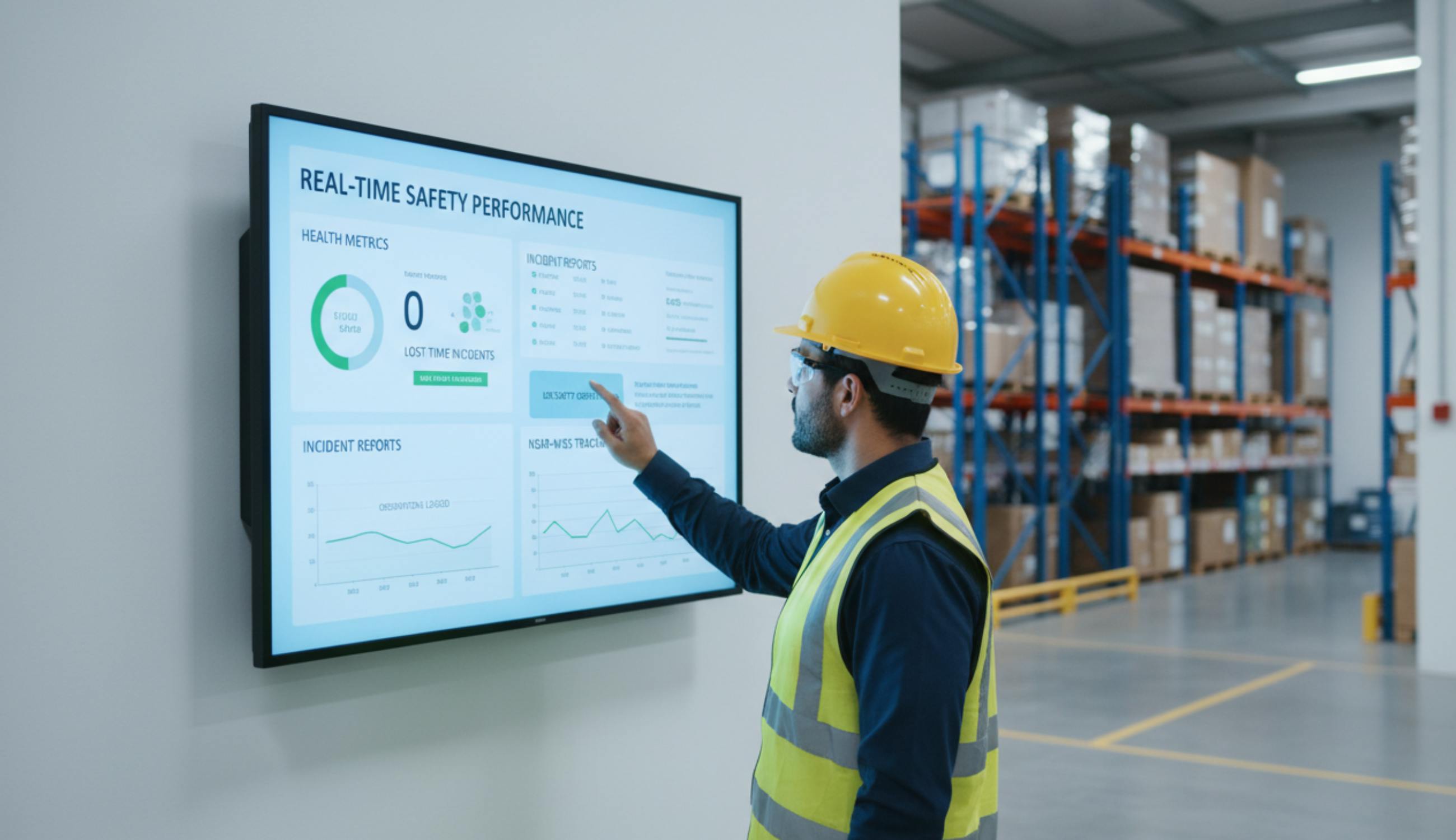 Digital safety dashboard displaying real-time health monitoring metrics and incident reporting interface in modern warehouse environment
