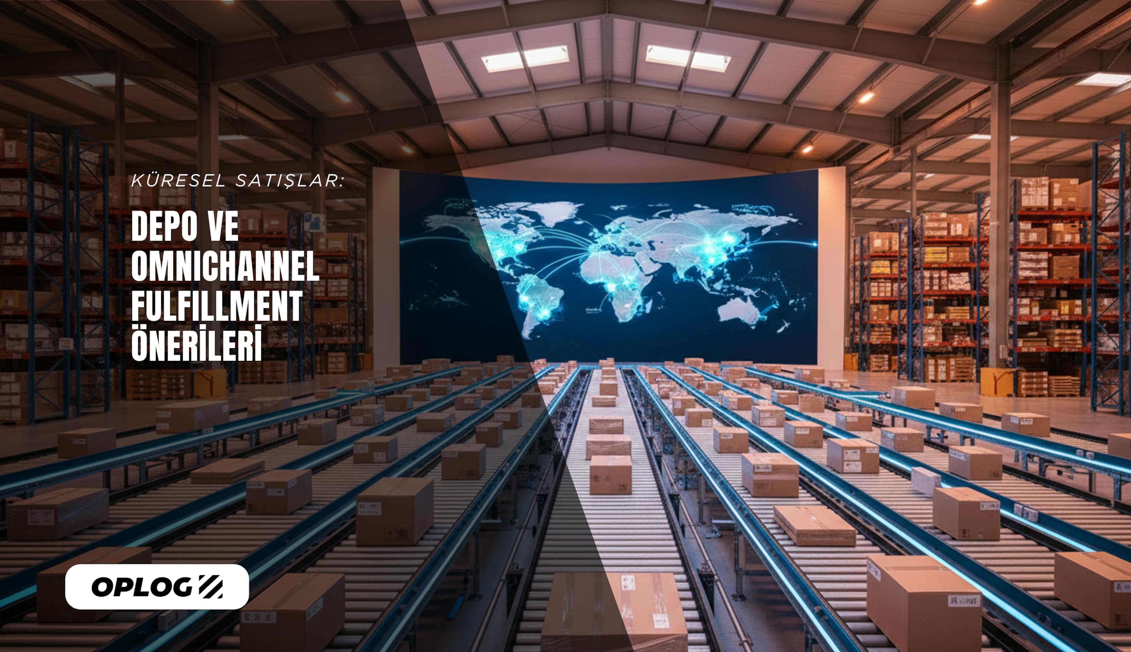 Modern bir fulfillment deposu. Deponun ucunda küresel pazara açılan bir pencere.