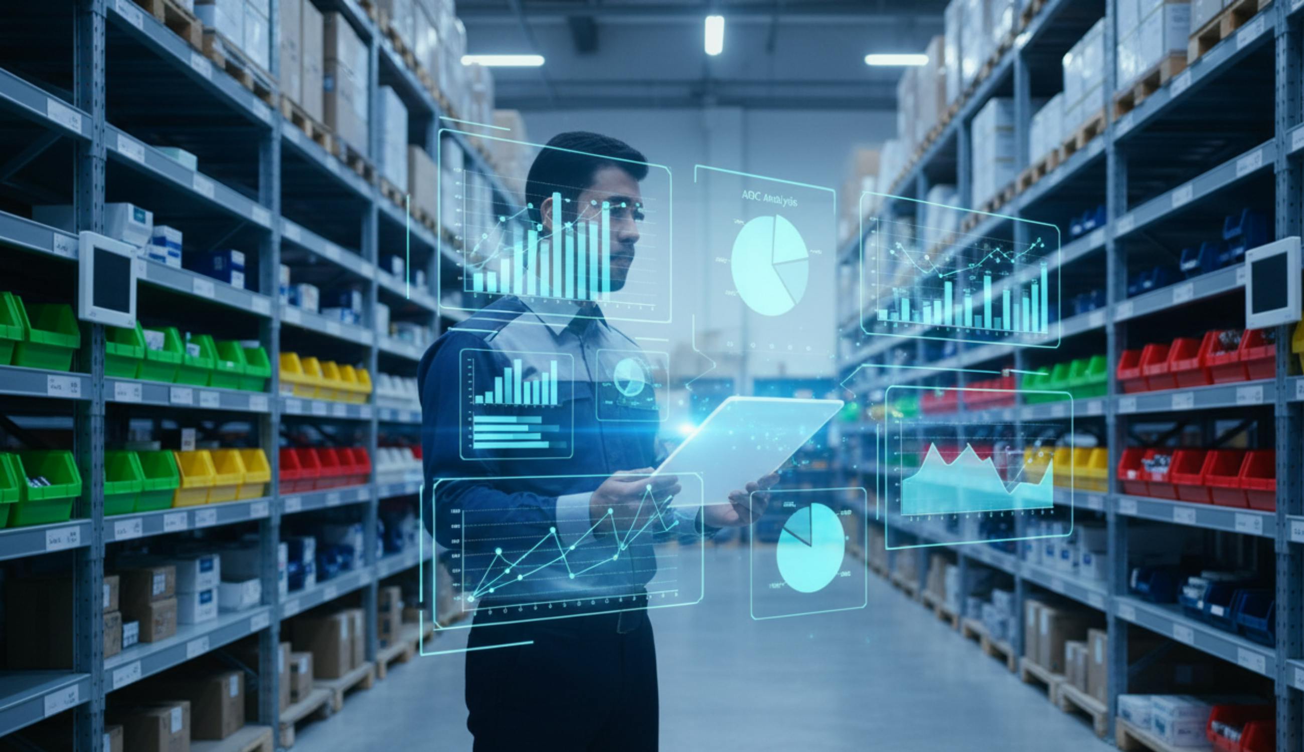 Modern bir fulfillment deposunda stok yönetimi yapan bir çalışan. Ekranda WMS ekranına ait holografik görseller bulunuyor. 